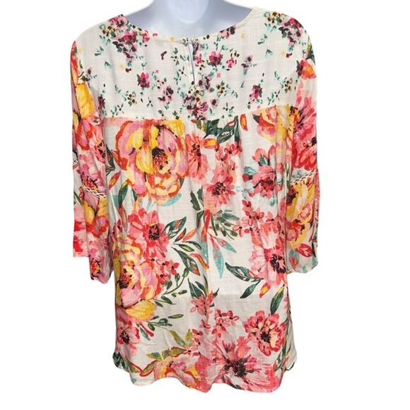 Figueroa Flower PM Top BOHO Pink Floral Rayon Crochet Bell Sleeves Petite Medium - Picture 4 of 4